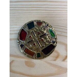 Vintage Mosaic Style Round Brooch With Colorful Glass Inlays & Gold Tone Base